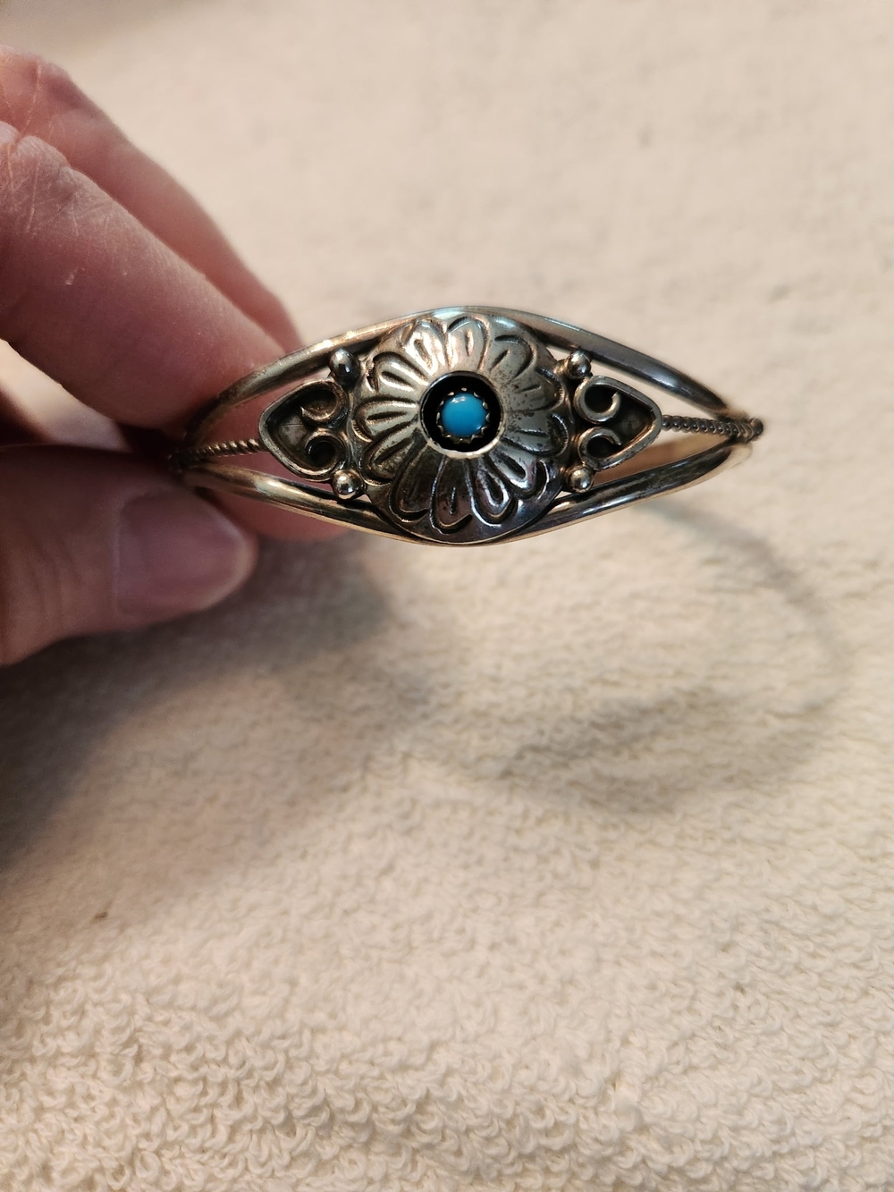 Crazy Horse Indian Jewelry Sterling Silver Floral Cuff Bracelet w/Turquoise